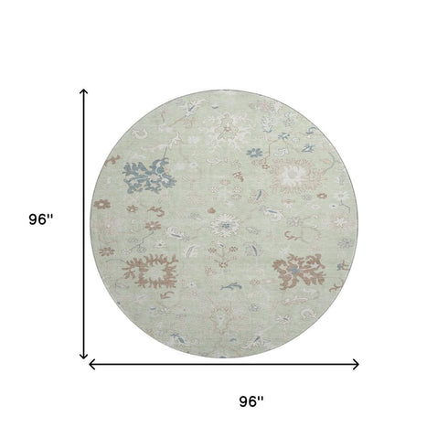 8' Artichoke Green Brown And Blue Floral Washable Round Rug With UV Protection