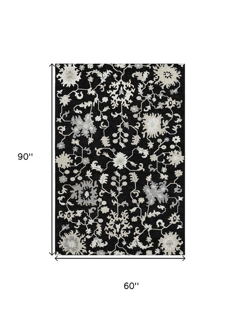 5' X 8' Black And Ivory Floral Washable Area Rug With UV Protection