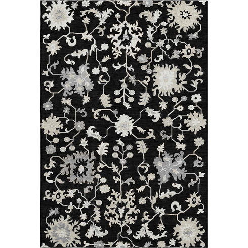 5' X 8' Black And Ivory Floral Washable Area Rug With UV Protection