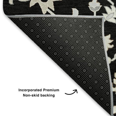 5' X 8' Black And Ivory Floral Washable Area Rug With UV Protection