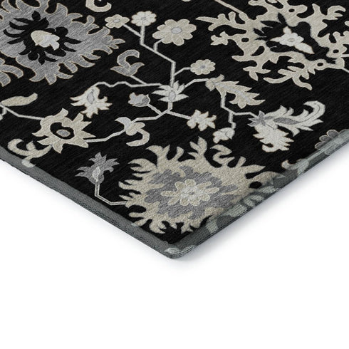 5' X 8' Black And Ivory Floral Washable Area Rug With UV Protection