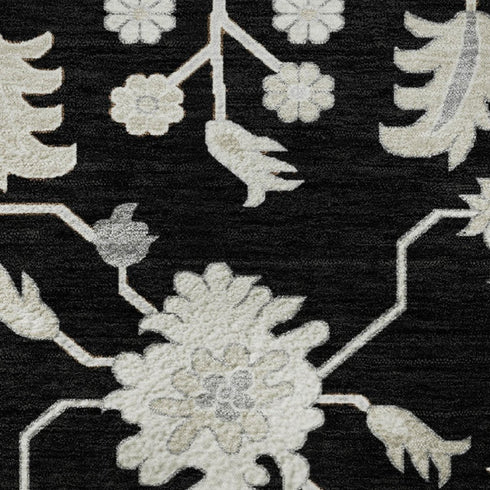 5' X 8' Black And Ivory Floral Washable Area Rug With UV Protection