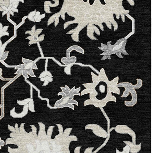 5' X 8' Black And Ivory Floral Washable Area Rug With UV Protection