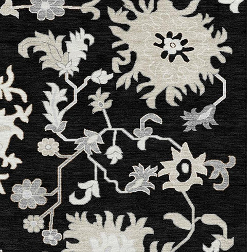 5' X 8' Black And Ivory Floral Washable Area Rug With UV Protection