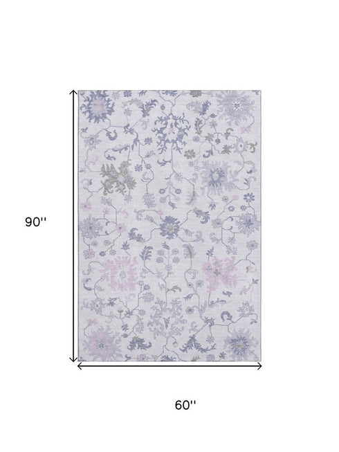 5' X 8' Lavender And Gray Floral Washable Area Rug With UV Protection