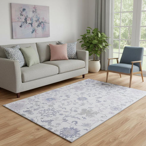 5' X 8' Lavender And Gray Floral Washable Area Rug With UV Protection