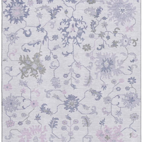 5' X 8' Lavender And Gray Floral Washable Area Rug With UV Protection
