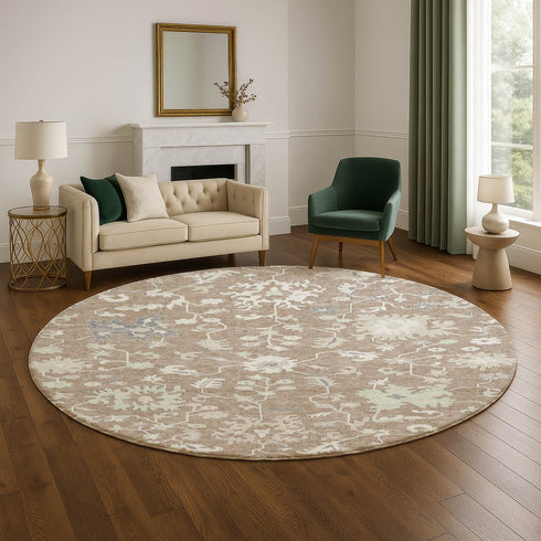 8' Taupe Ivory And Gray Floral Washable Round Rug With UV Protection