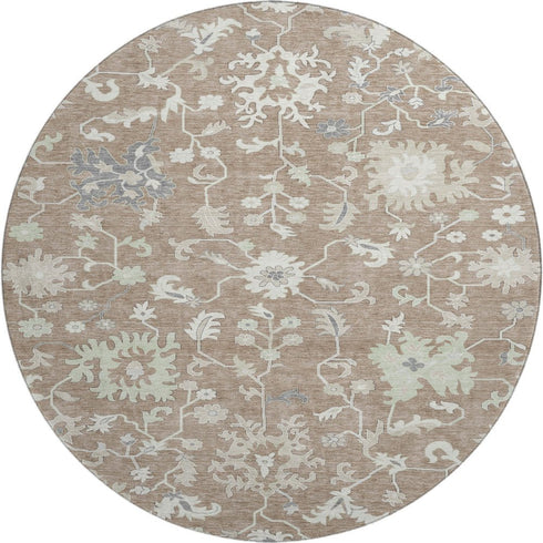 8' Taupe Ivory And Gray Floral Washable Round Rug With UV Protection