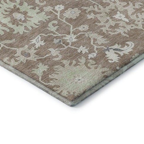 8' Taupe Ivory And Gray Floral Washable Round Rug With UV Protection