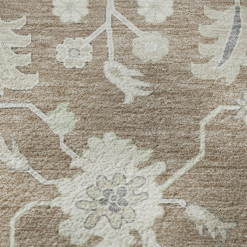 8' Taupe Ivory And Gray Floral Washable Round Rug With UV Protection