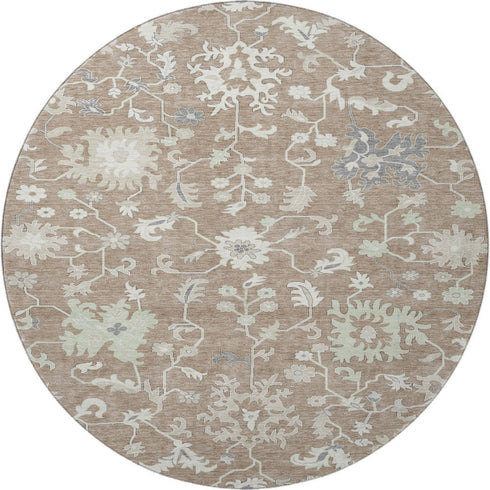 8' Taupe Ivory And Gray Floral Washable Round Rug With UV Protection