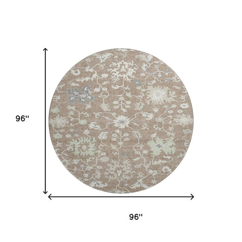 8' Taupe Ivory And Gray Floral Washable Round Rug With UV Protection