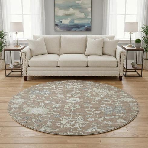 8' Taupe Ivory And Gray Floral Washable Round Rug With UV Protection