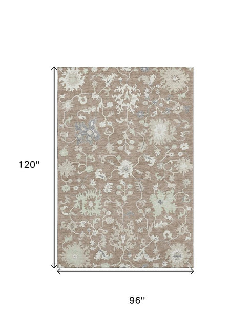 8' X 10' Taupe Ivory And Gray Floral Washable Area Rug With UV Protection