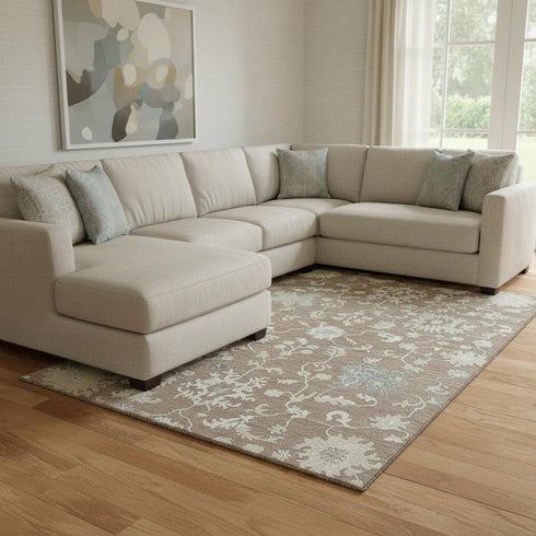 8' X 10' Taupe Ivory And Gray Floral Washable Area Rug With UV Protection