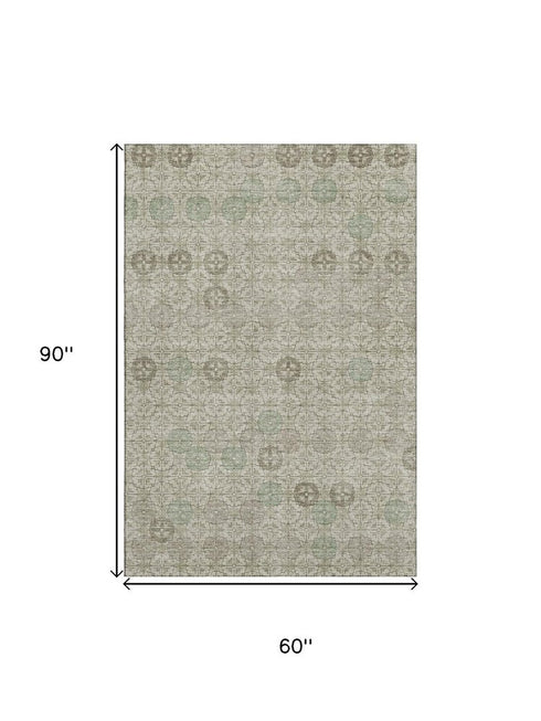 5' X 8' Beige And Taupe Geometric Washable Area Rug With UV Protection