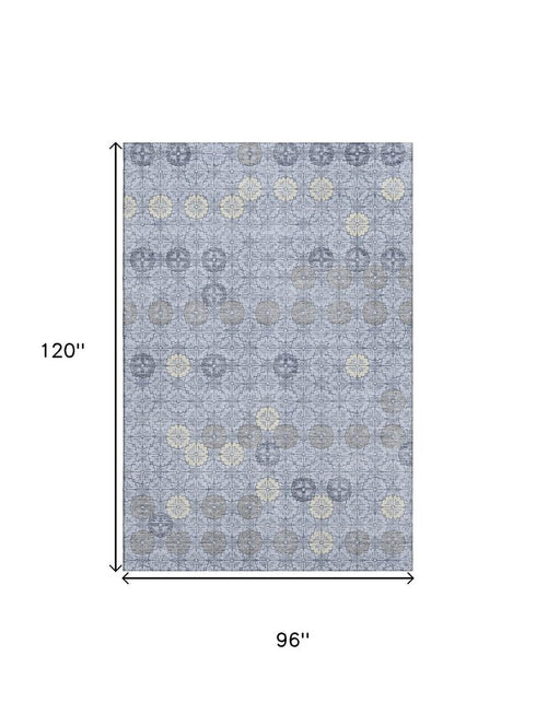 8' X 10' Blue And Ivory Geometric Washable Area Rug With UV Protection