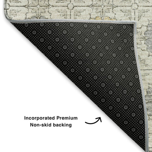 5' X 8' Ivory Gold And Gray Geometric Washable Area Rug With UV Protection