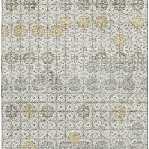 5' X 8' Ivory Gold And Gray Geometric Washable Area Rug With UV Protection