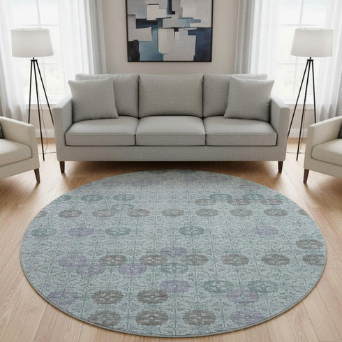 8' Teal And Gray Geometric Washable Round Rug With UV Protection