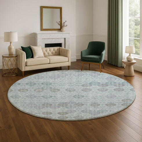 8' Teal And Gray Geometric Washable Round Rug With UV Protection