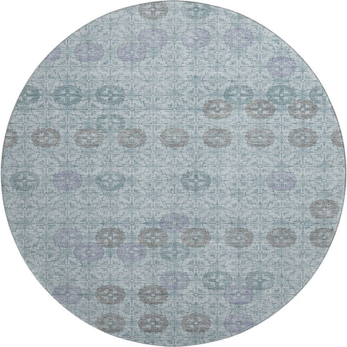 8' Teal And Gray Geometric Washable Round Rug With UV Protection