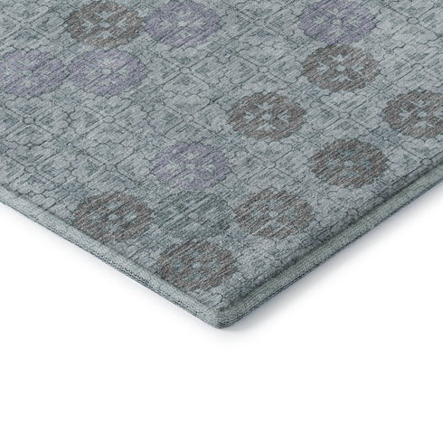 8' Teal And Gray Geometric Washable Round Rug With UV Protection