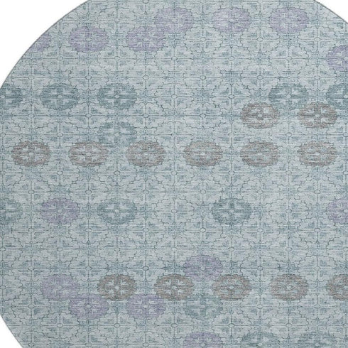 8' Teal And Gray Geometric Washable Round Rug With UV Protection
