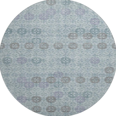 8' Teal And Gray Geometric Washable Round Rug With UV Protection