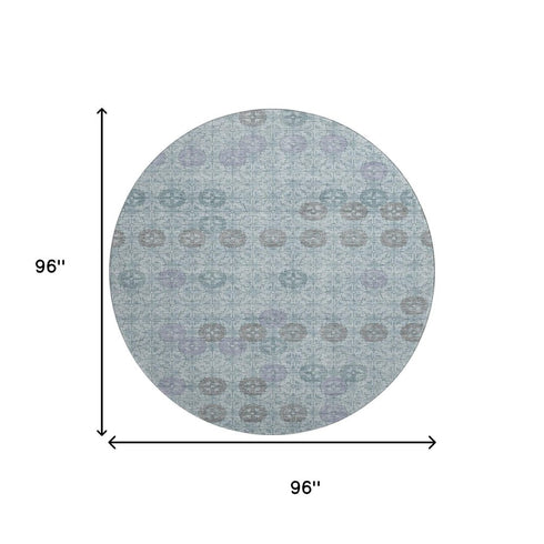 8' Teal And Gray Geometric Washable Round Rug With UV Protection
