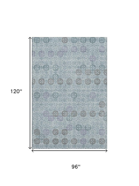 8' X 10' Teal And Gray Geometric Washable Area Rug With UV Protection