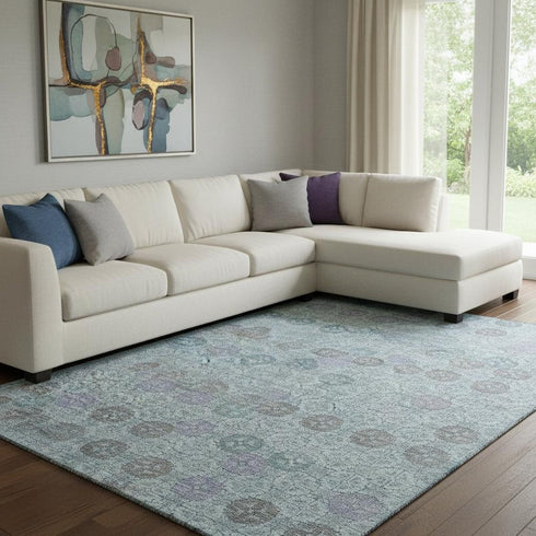 8' X 10' Teal And Gray Geometric Washable Area Rug With UV Protection