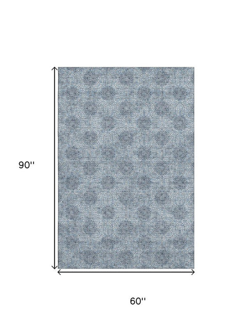 5' X 8' Blue Gray And Ivory Damask Washable Area Rug With UV Protection