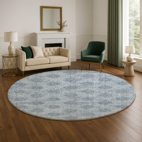 8' Blue Gray And Ivory Damask Washable Round Rug With UV Protection