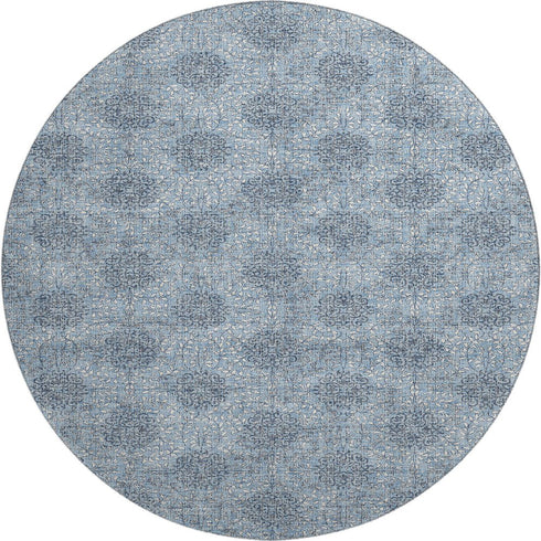 8' Blue Gray And Ivory Damask Washable Round Rug With UV Protection