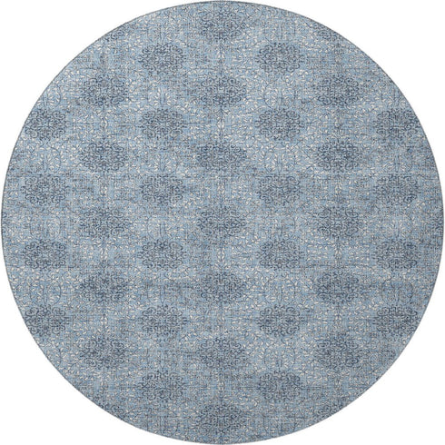 8' Blue Gray And Ivory Damask Washable Round Rug With UV Protection