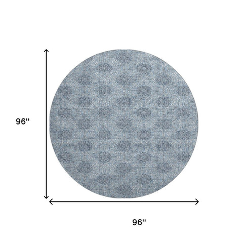 8' Blue Gray And Ivory Damask Washable Round Rug With UV Protection