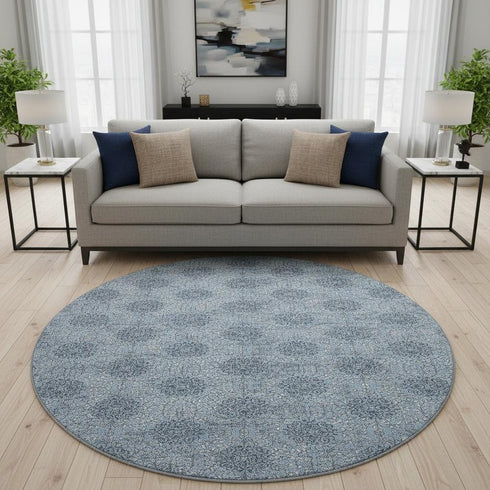8' Blue Gray And Ivory Damask Washable Round Rug With UV Protection