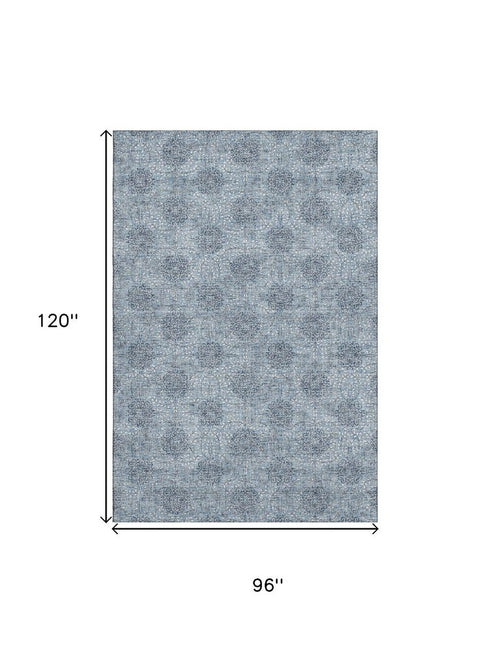 8' X 10' Blue Gray And Ivory Damask Washable Area Rug With UV Protection