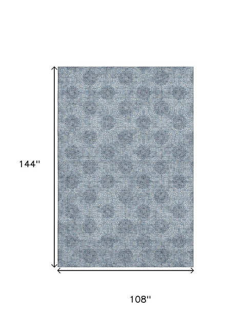 9' X 12' Blue Gray And Ivory Damask Washable Area Rug With UV Protection