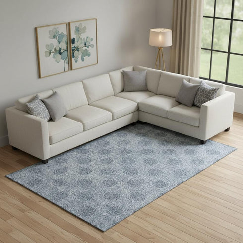 9' X 12' Blue Gray And Ivory Damask Washable Area Rug With UV Protection