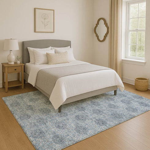 9' X 12' Blue Gray And Ivory Damask Washable Area Rug With UV Protection
