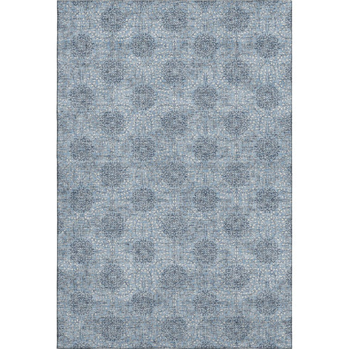 9' X 12' Blue Gray And Ivory Damask Washable Area Rug With UV Protection