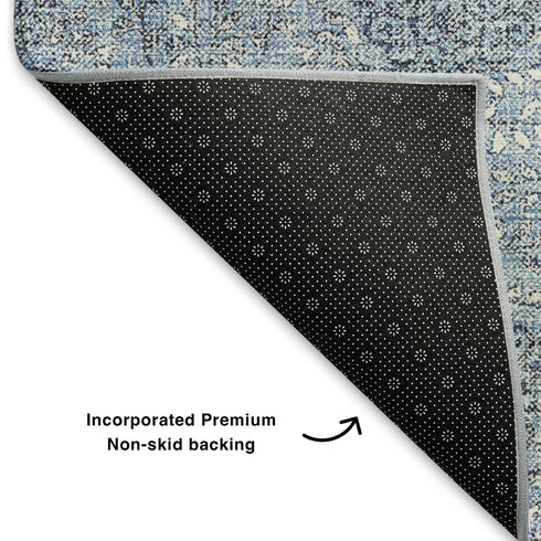 9' X 12' Blue Gray And Ivory Damask Washable Area Rug With UV Protection