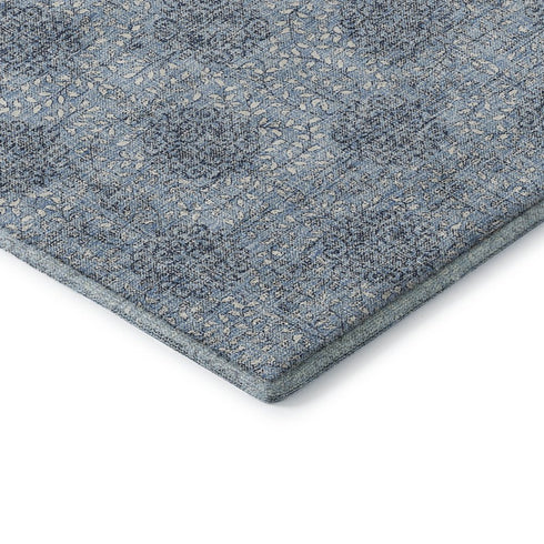 9' X 12' Blue Gray And Ivory Damask Washable Area Rug With UV Protection