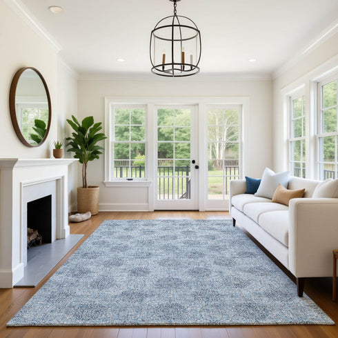 9' X 12' Blue Gray And Ivory Damask Washable Area Rug With UV Protection