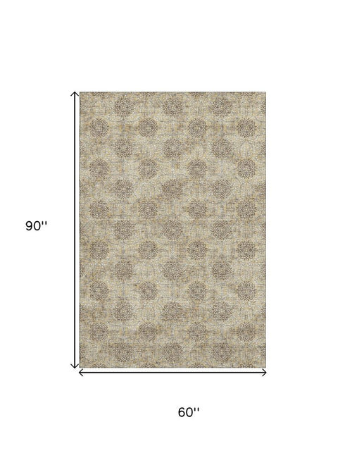 5' X 8' Gold And Taupe Damask Washable Area Rug With UV Protection