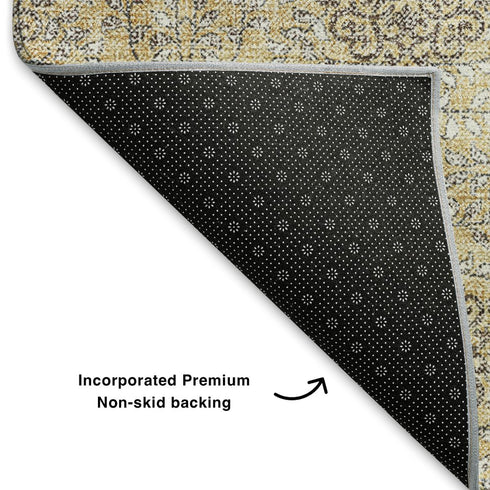 5' X 8' Gold And Taupe Damask Washable Area Rug With UV Protection