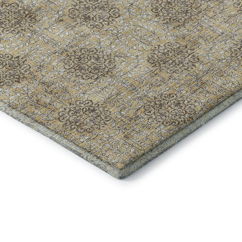 5' X 8' Gold And Taupe Damask Washable Area Rug With UV Protection